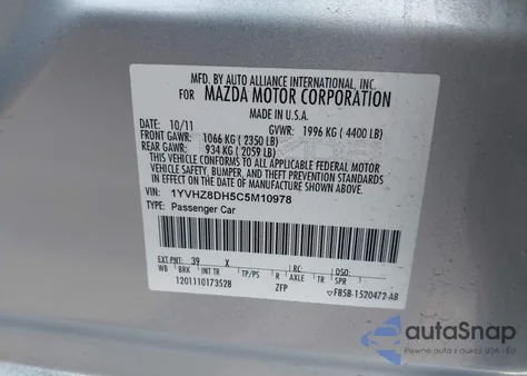 2012 Mazda Mazda6 I Touring из США, поврежденный, VIN 1YVHZ8DH5C5M10978